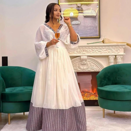 Elegant V-Neckline Habesha Kemis – Stylish Habesha Dress in Traditional Ethiopian Clothing