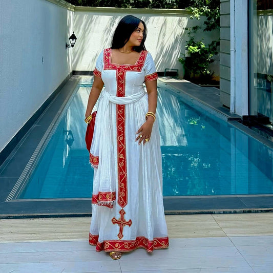 Red Embroidery Habesha Dress Traditional Ethiopian & Eritrean Dress