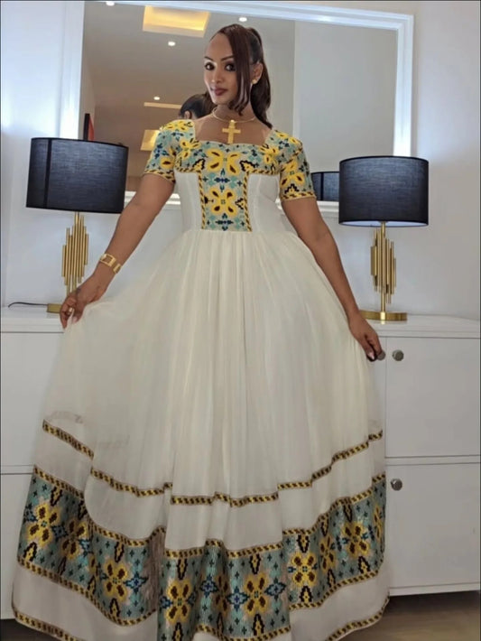 Short Sleeve Habesha Kemis Multicolor Embroidered Traditional Ethiopian Dress