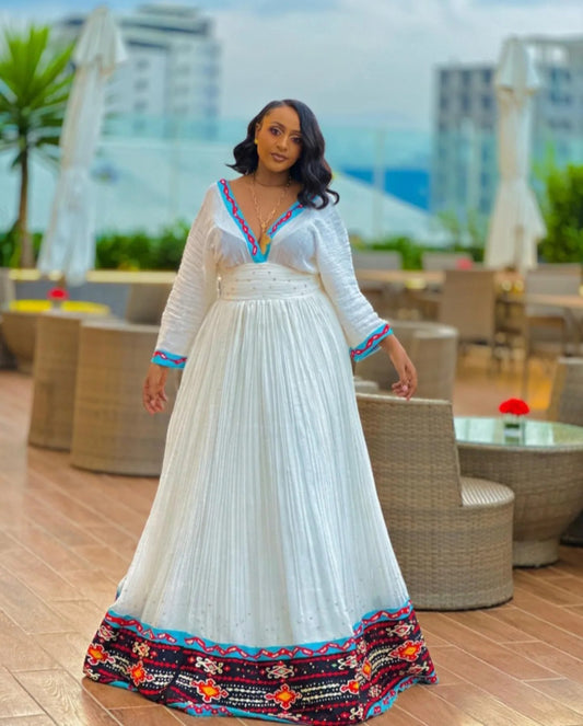 V-Neckline Habesha Kemis Traditional Ethiopian Dress with Multicolor Embroidery
