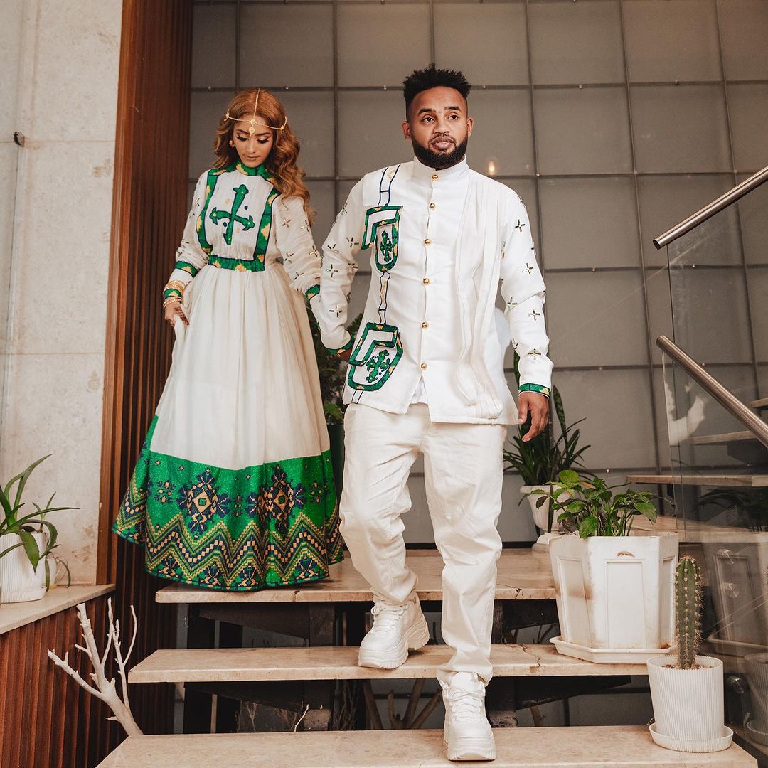 Harmony in Green: Ethiopian cultural bliss with habesha couples' outfit