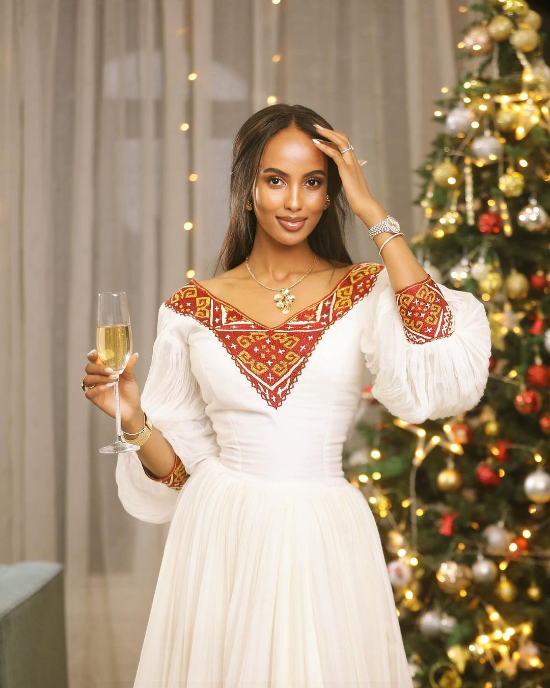 Modern Royalty: Red Menen Elegance in Contemporary Habesha Dress Habesha Kemis
