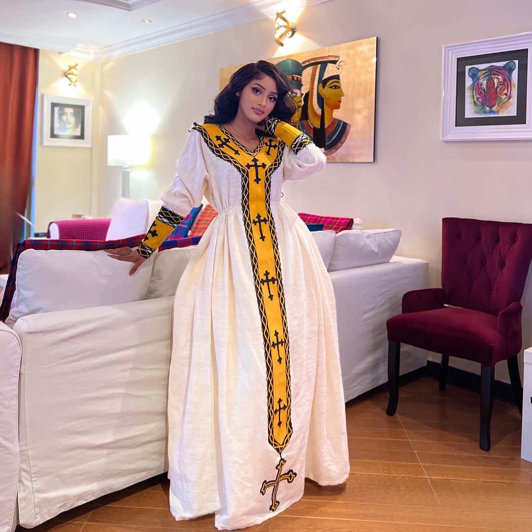 ethiopian cotton dress Shifta7- S2535 , Handwoven Ethiopian Cotton Dress with Embroidered Cross