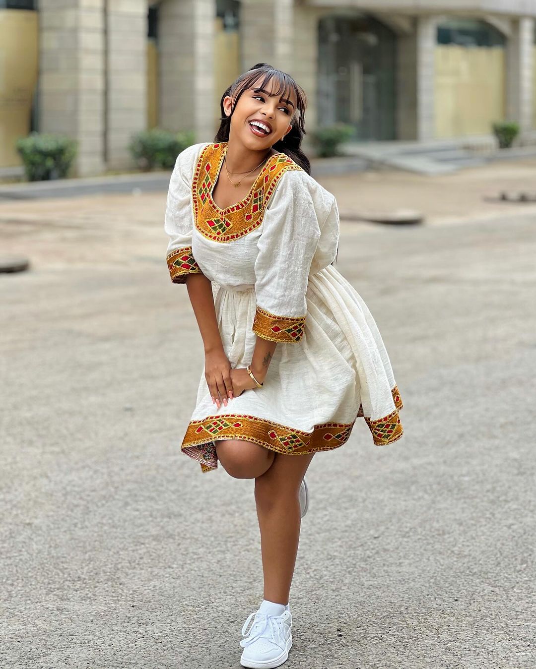 Short Habesha Dress Beige Fabric with Golden Brown Ethiopian Dress Design