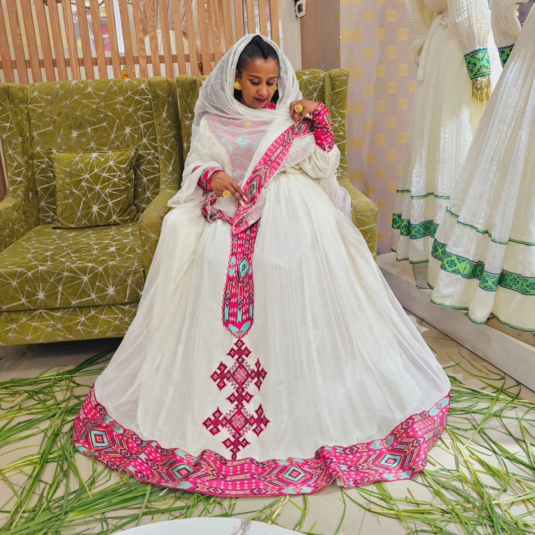 pink habesha dress Glamorous Pink Habesha Dress: Ethiopian Wedding Kemis