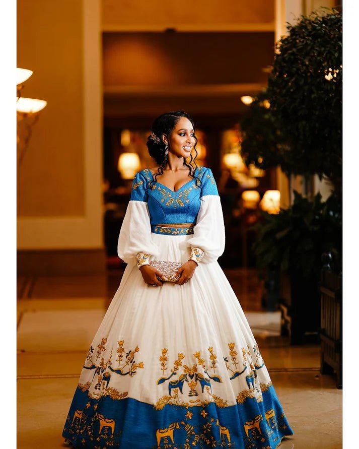 Ethereal Elegance with Blue Traditional Ethiopian Wedding Dress: Golden Detailing Top and Skirt Set on Habesha Wedding Dress XXL