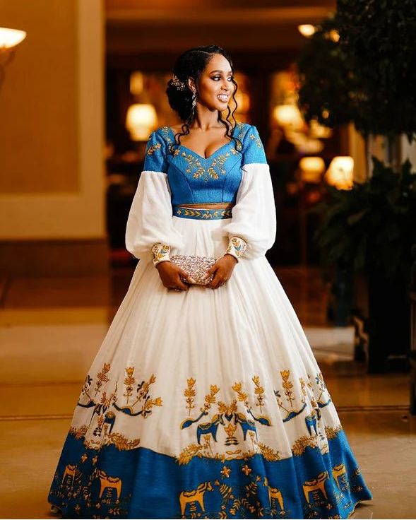 Ethereal Elegance with Blue Traditional Ethiopian Wedding Dress