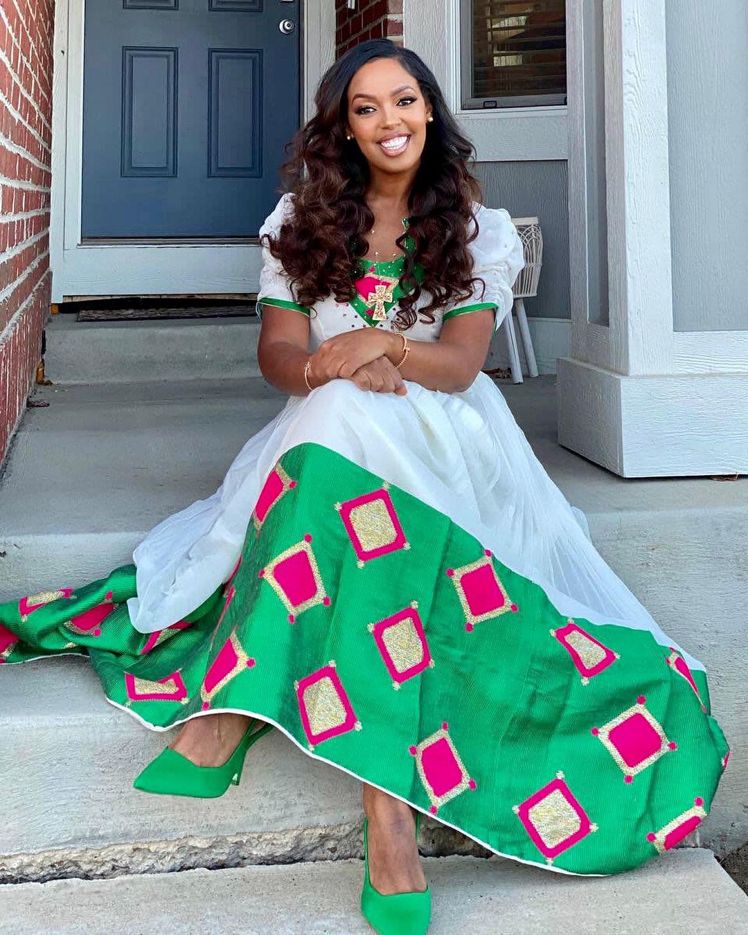 Adorning the Habesha Kemis with Pink Diamond-like Designs Habesha Dress Modern Ethiopian Dress Style