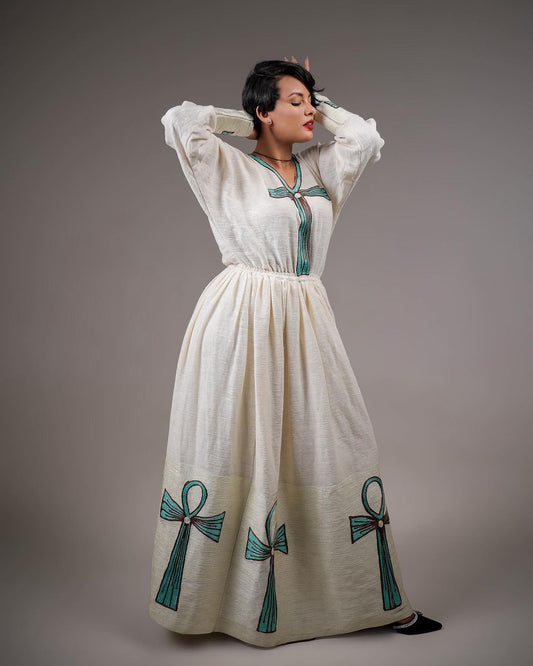Simple Beige Habesha Dress Blue Cross Design Ethiopian Wear