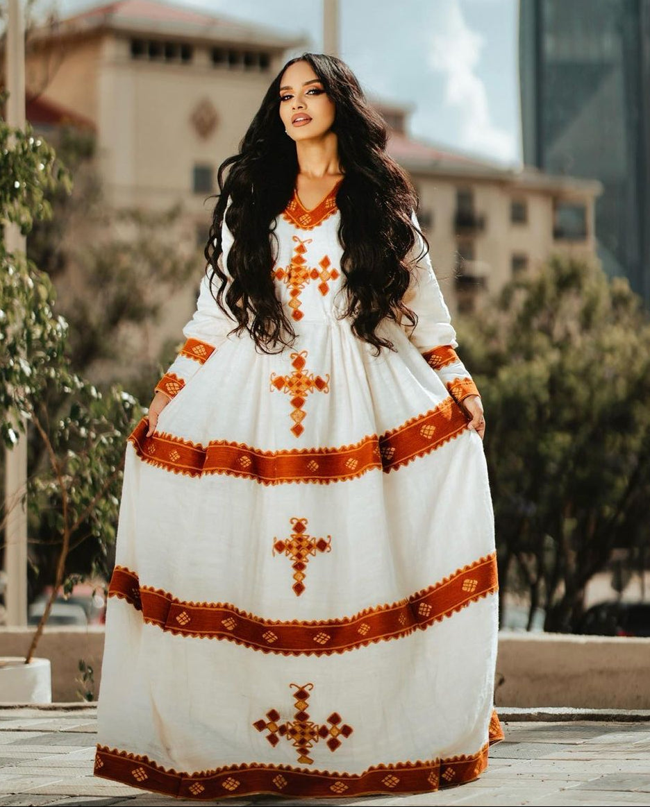 Superbe Robe Habesha Rouge Design Fetil Habesha Kemis Style de Robe Éthiopienne Habesha Libs Traditionnel