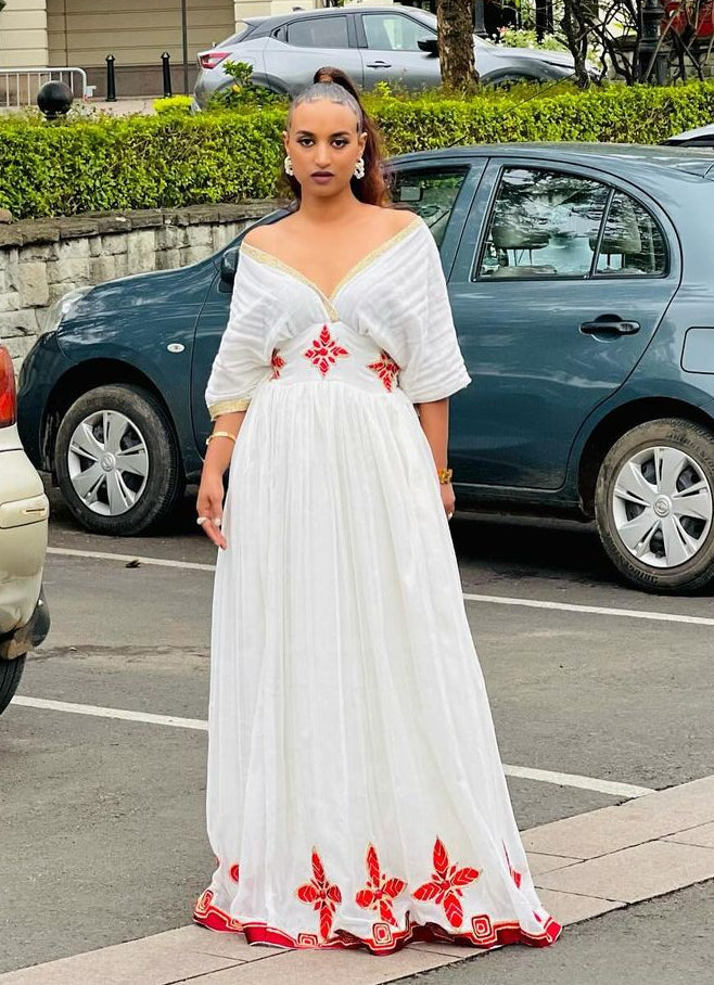 Robe Habesha Rouge Simple Modèle Habesha Kemis Moderne Style de Robe Éthiopienne Habesha Libs