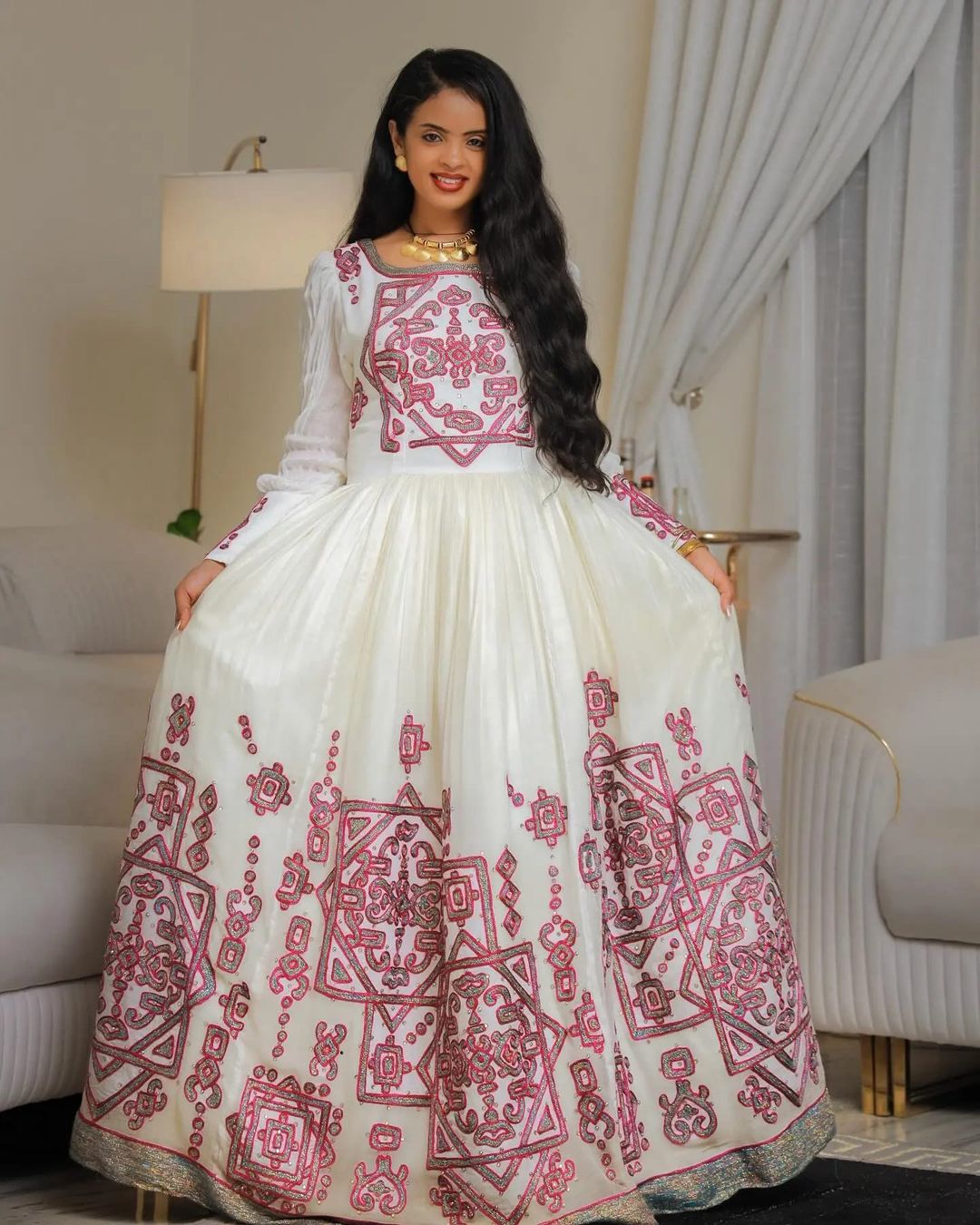 pink ethiopian dress Atitegeb Pink Embroidery Habesha Dress | Traditional Ethiopian Habesha Kemis