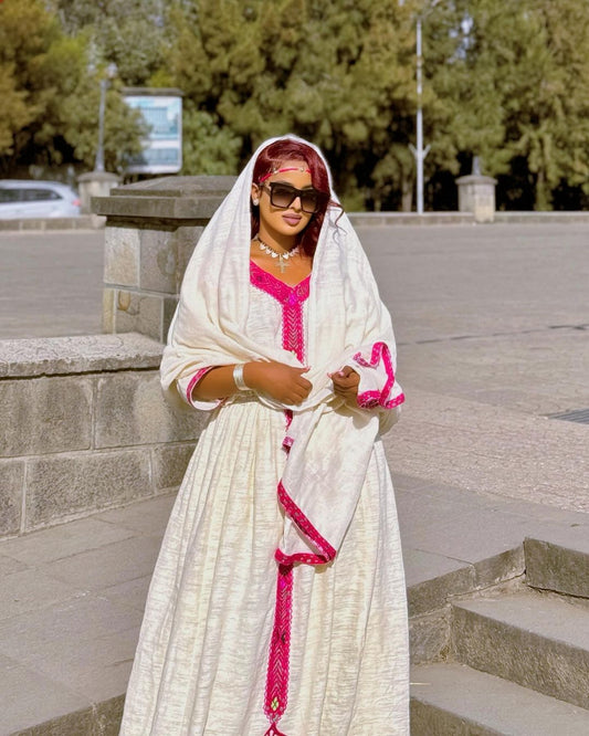 Habesha Dress in Pink Fetil Fabric