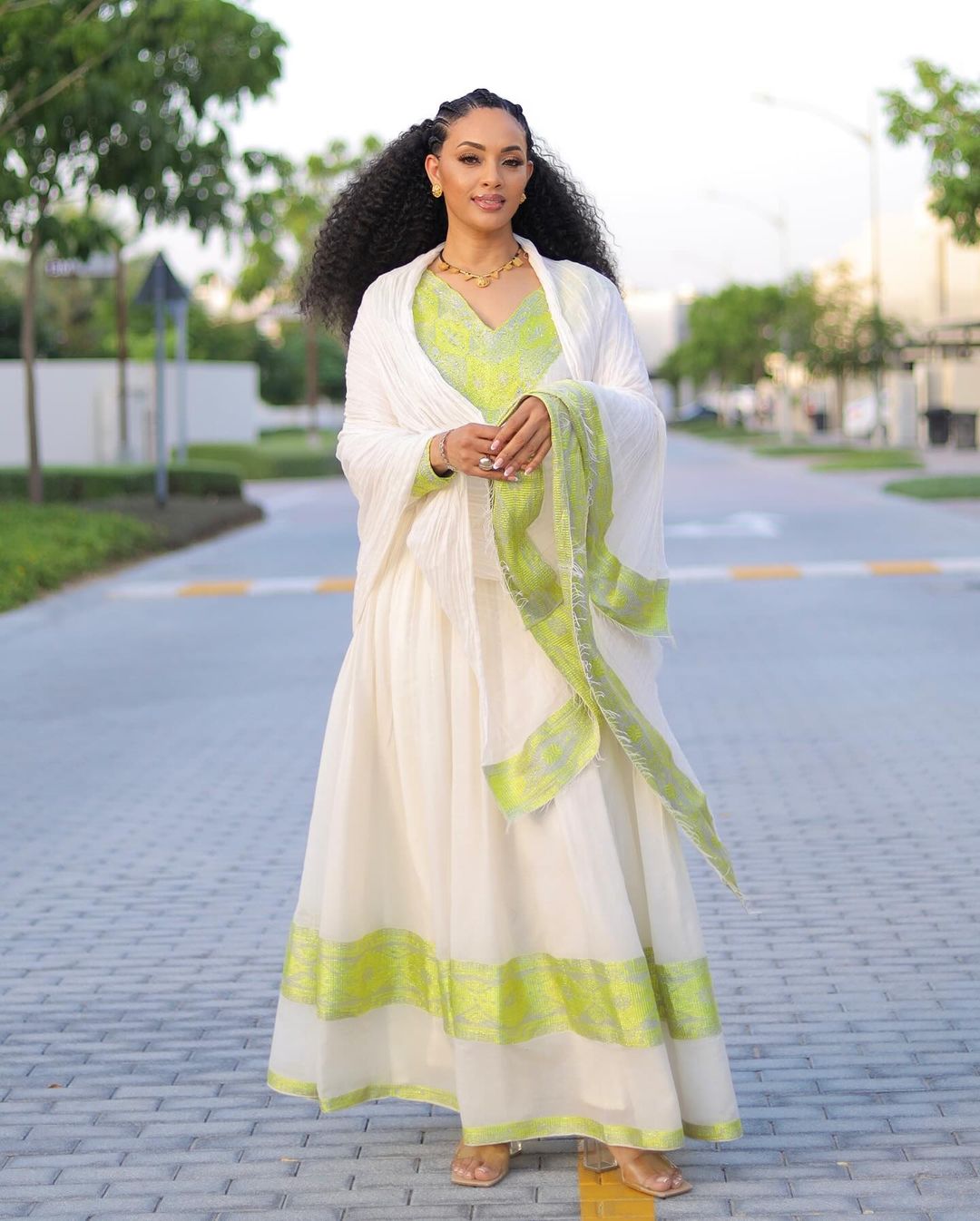 Vibrant Lemon Green Habesha Dress Modern Ethiopian Dress