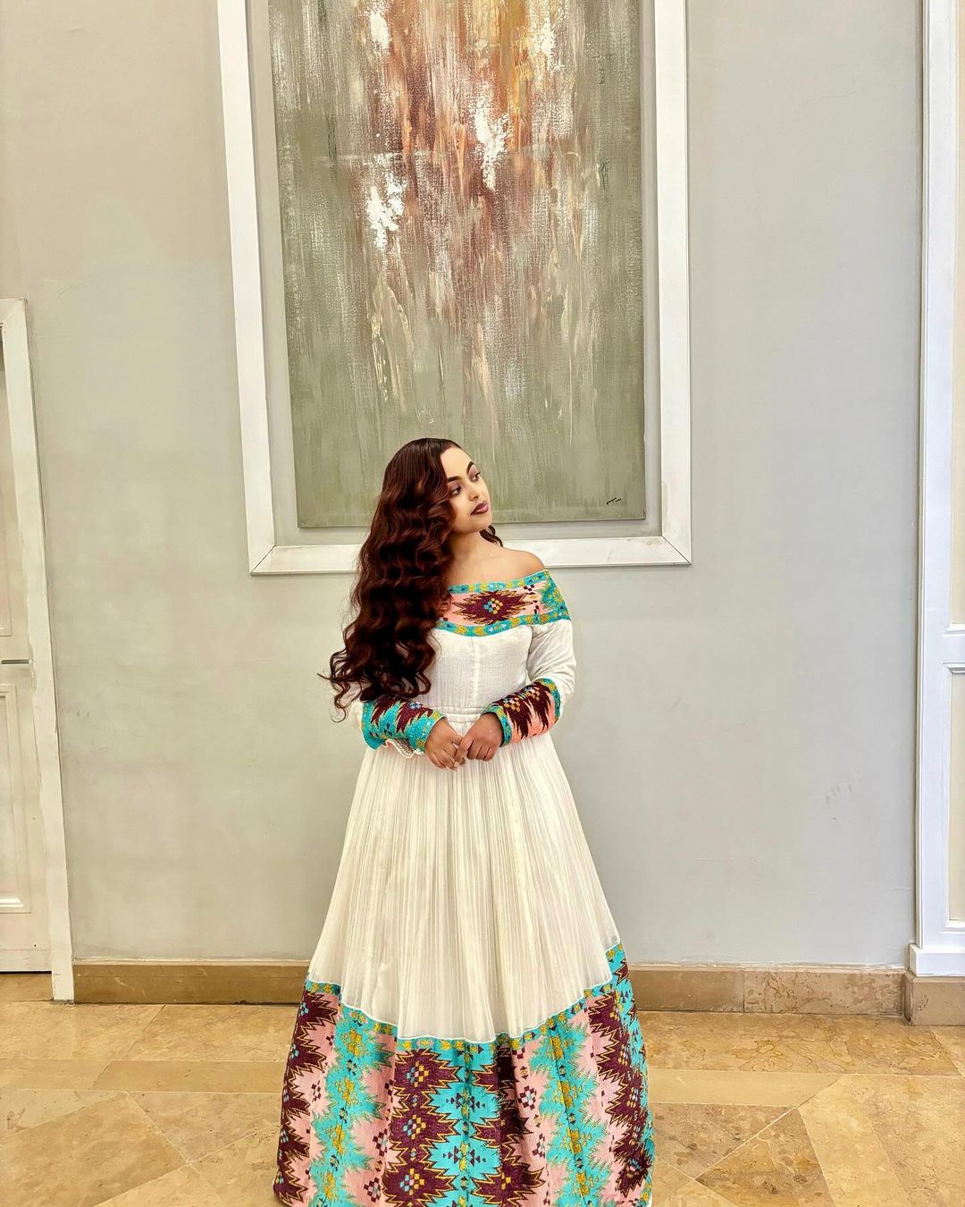 Modern Ethiopian Habesha Dress in Blue Tilet with Pink and Brown Design