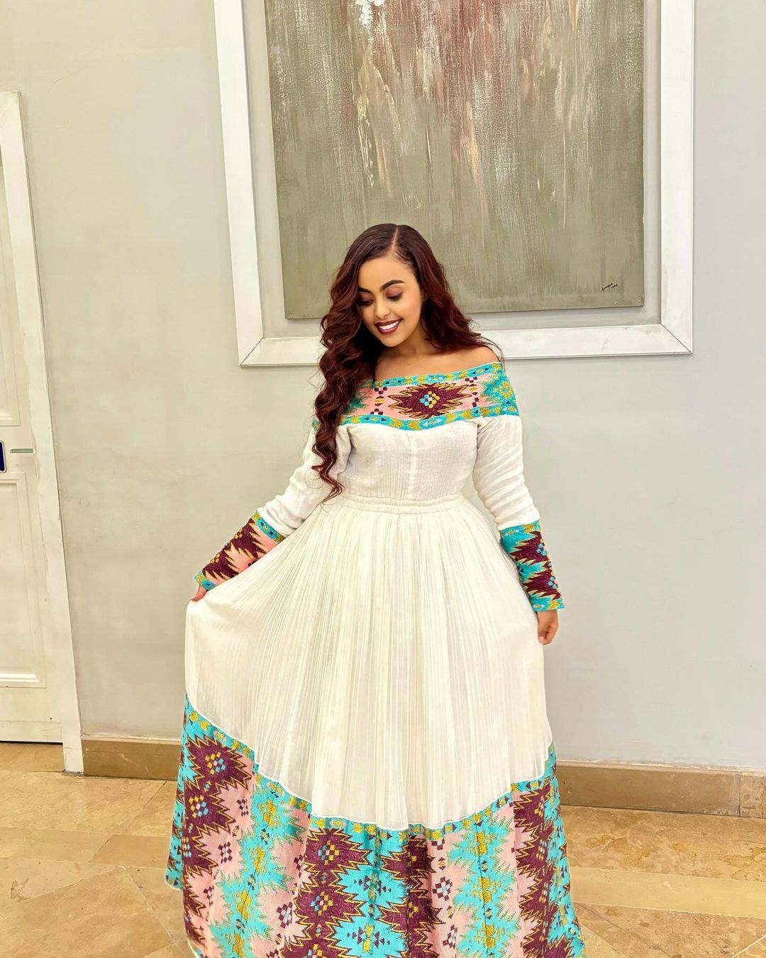 Modern Ethiopian Habesha Dress in Blue Tilet with Pink and Brown Design