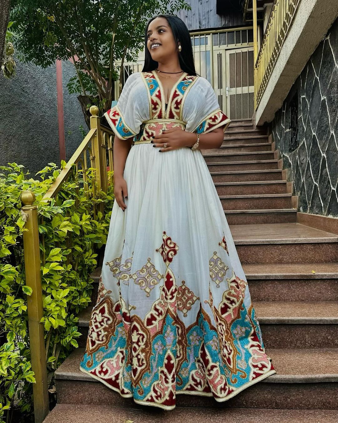 Vibrant Red and Blue Design Habesha Kemis