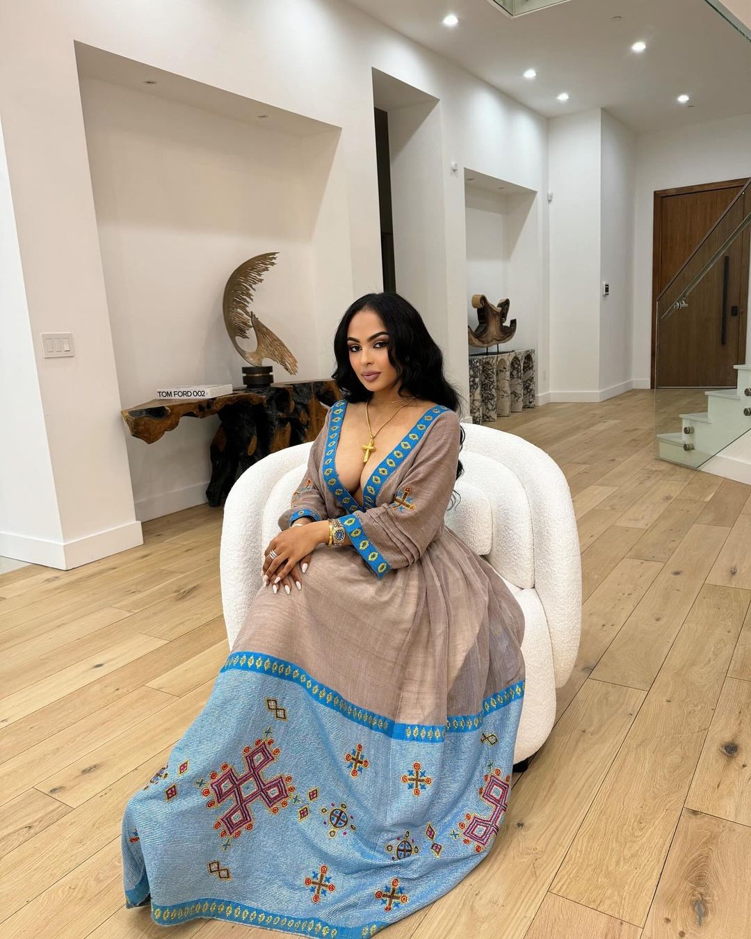 Stylish Modern Ethiopian Dress with Blue Wide Tilet