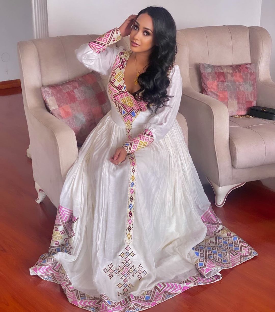 Gorgeous Pink Pattern Habesha Kemis Beautiful Modern Ethiopian Dress   TheEthiopianStore