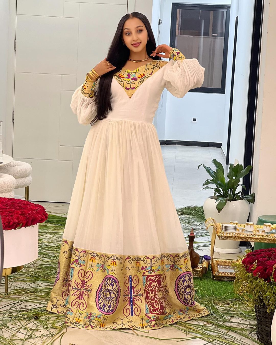 Vibrant Elegant Habesha Dress Colorful Detailed Pattern Modern Ethiopian Dress