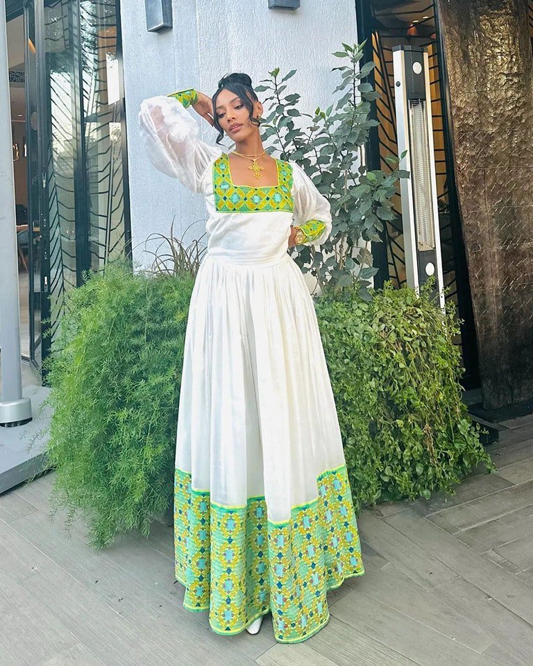 Gorgeous Green and Blue Ethiopian Dress Design Stunning Habesha Dress