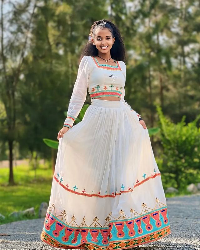 Colorful Habesha Dress with Crop Top and Skirt Elegant Ethiopian Dress