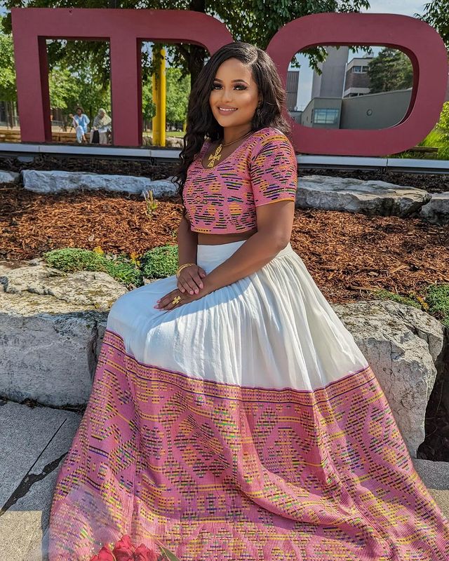 Pink Pattern Habesha Dress Crop Top and Skirt Modern Habesha Kemis