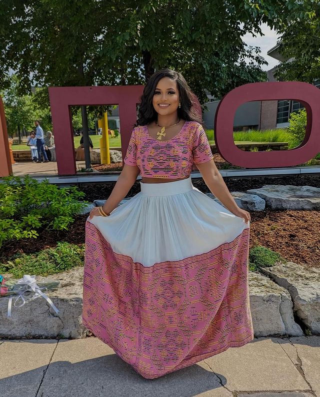 Pink Pattern Habesha Dress Crop Top and Skirt Modern Habesha Kemis