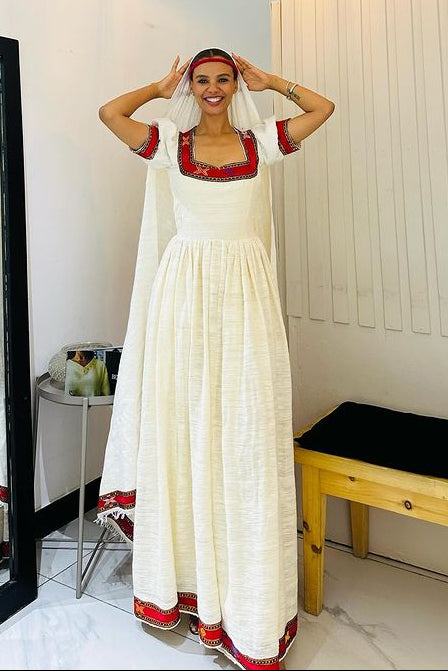 red ethiopian traditional dress Red Habesha Shiffon Flowing Ethiopian Traditional Dress for Cultural