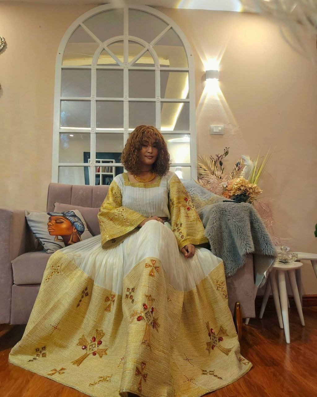 Shining Golden Cross Hem Habesha Dress