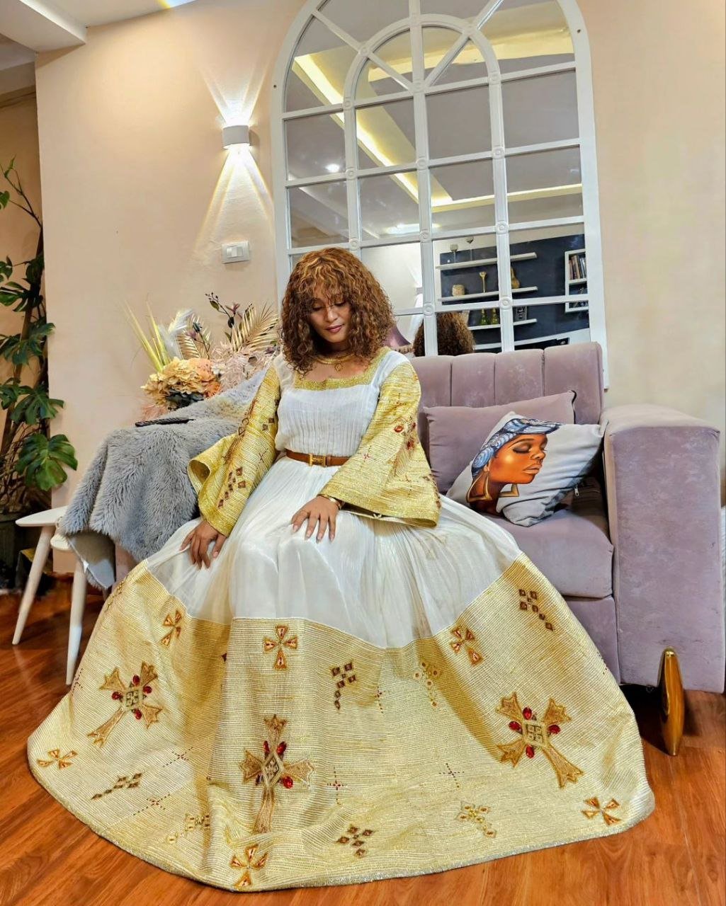 Shining Golden Cross Hem Habesha Dress: with Bright Red Detailing Traditional Ethiopian Dress
