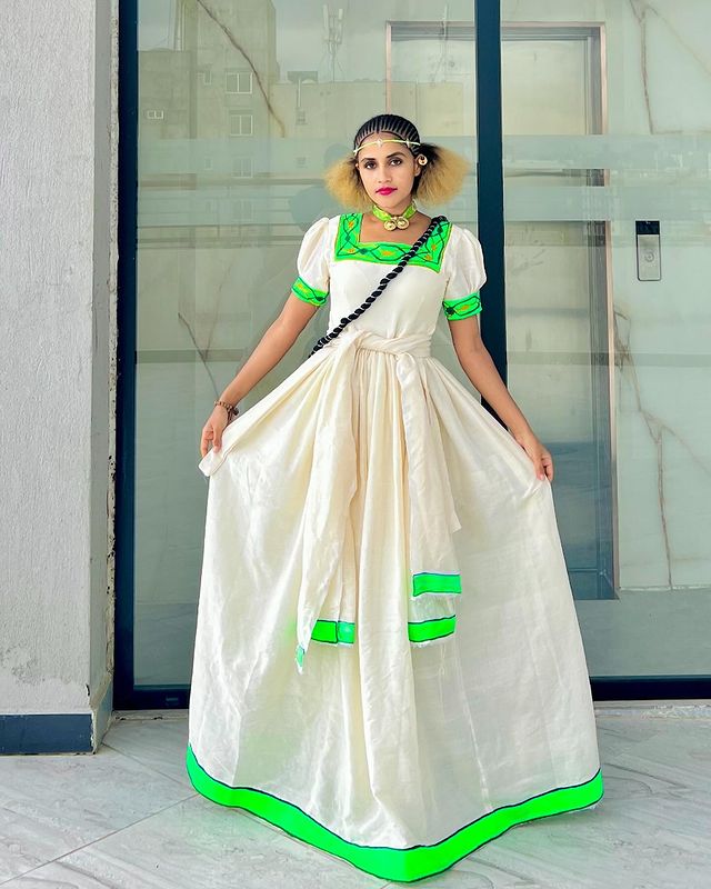 Vibrant Green Ethiopian Traditional Dress Cultural Habesha Kemis