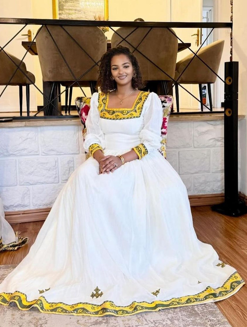 Effortless Yellow and Green Traditional Ethiopian Dress