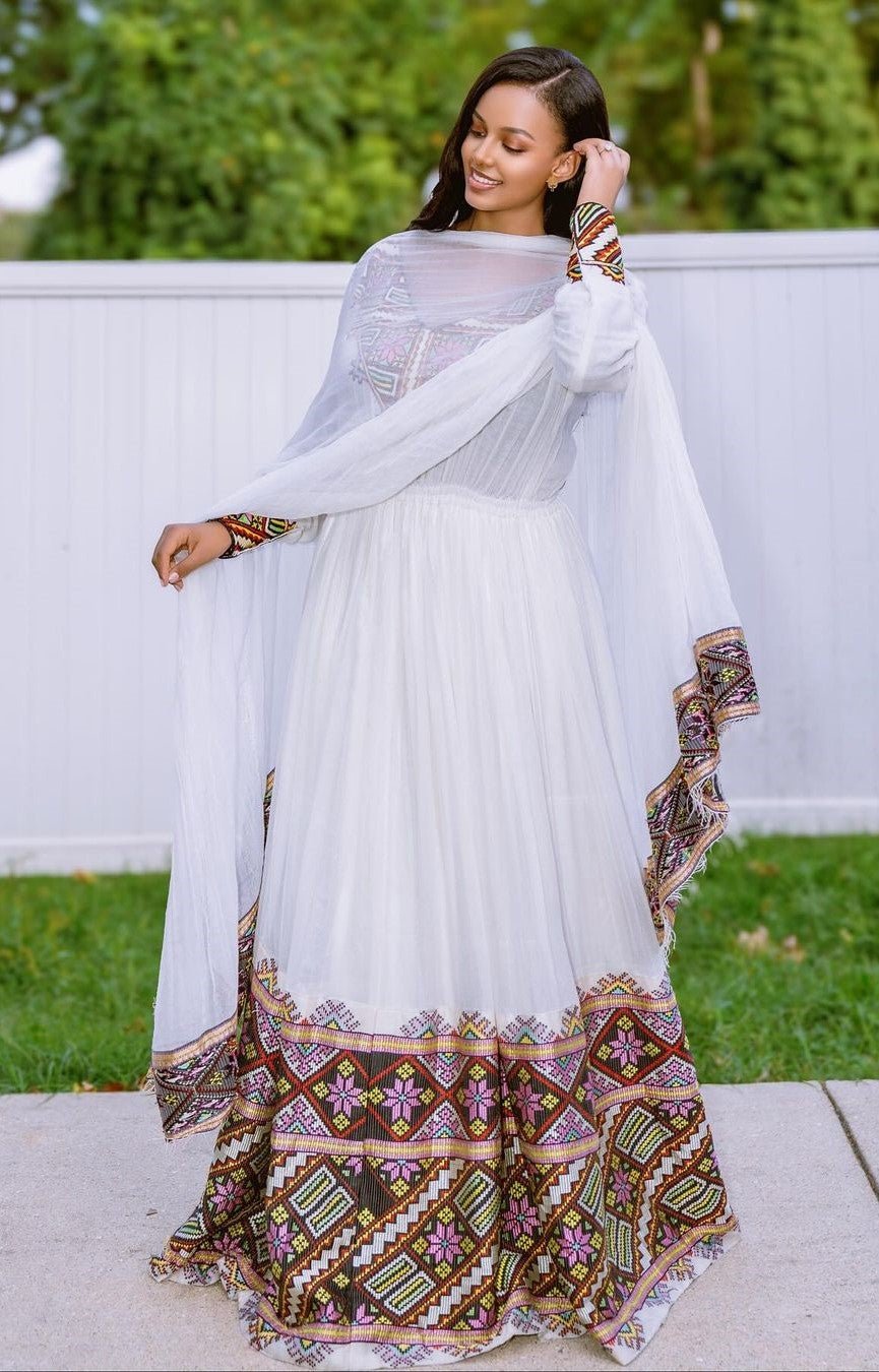 Elegant Ethiopian Dress Woven in Multicolor: Habesha Cultural Dress for Special Occasions