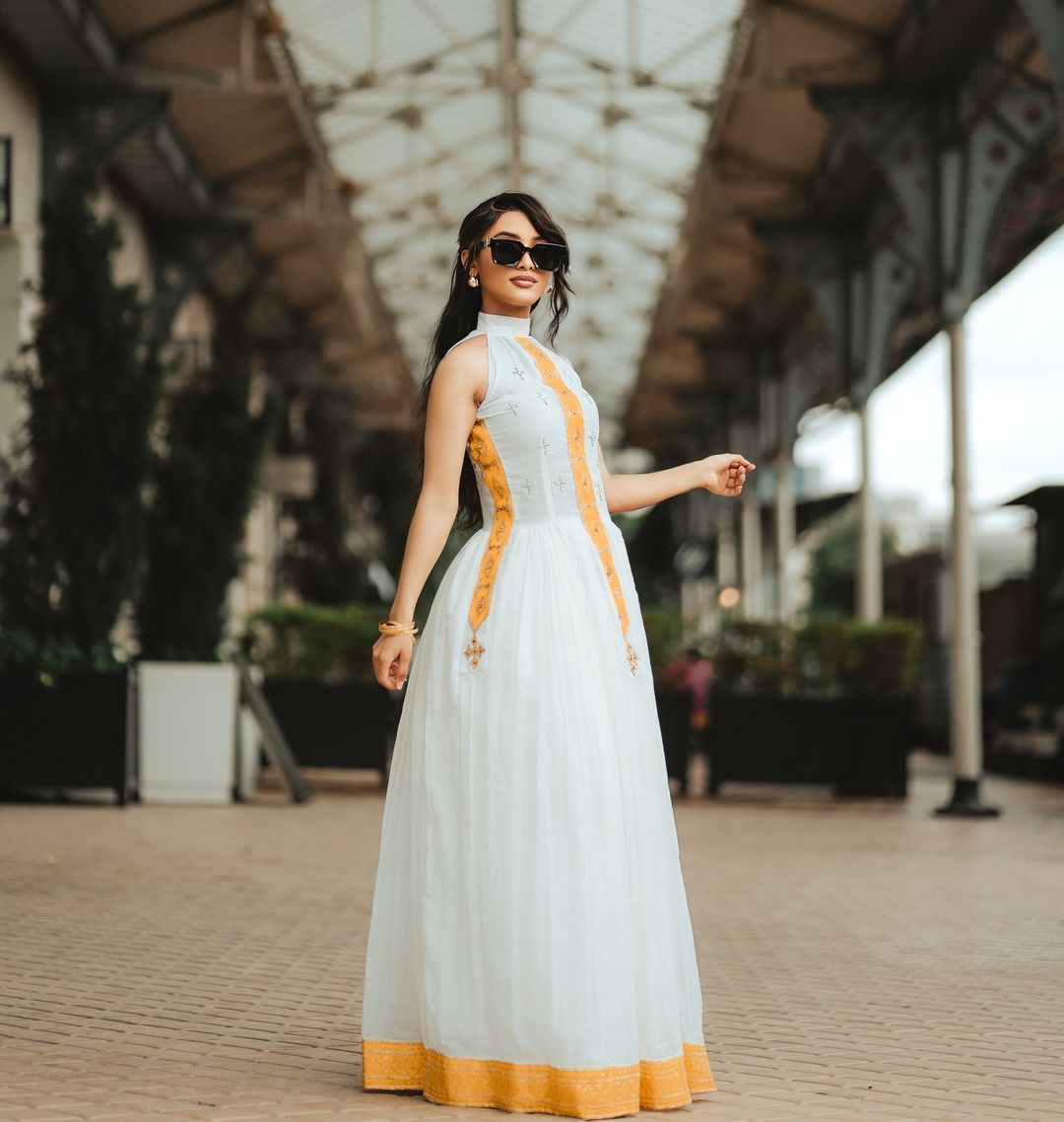 Golden-Orange Cross-Stitched Modern Habesha Dress