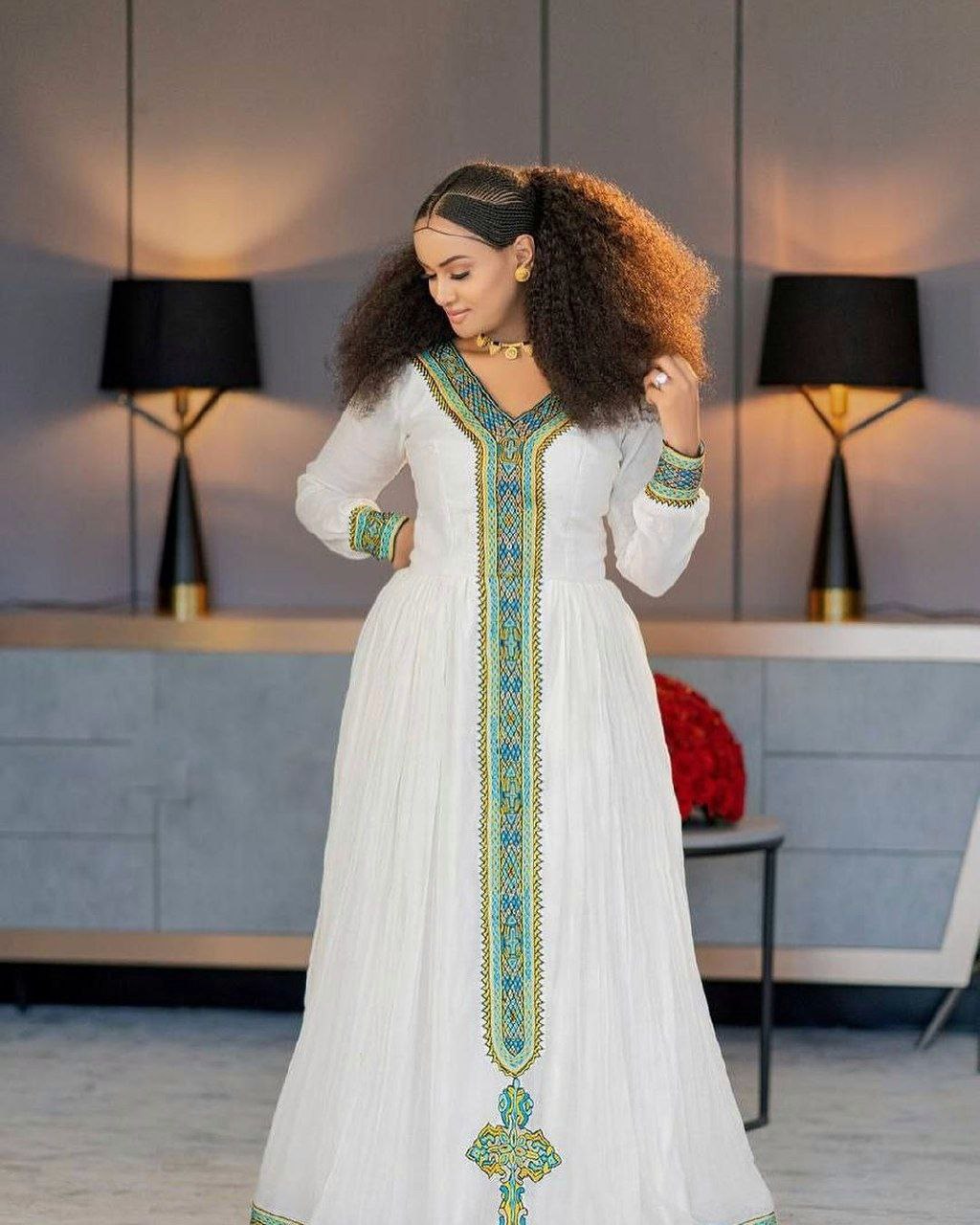 Vibrant Habesha Dress with Wide Handwoven Embellishment