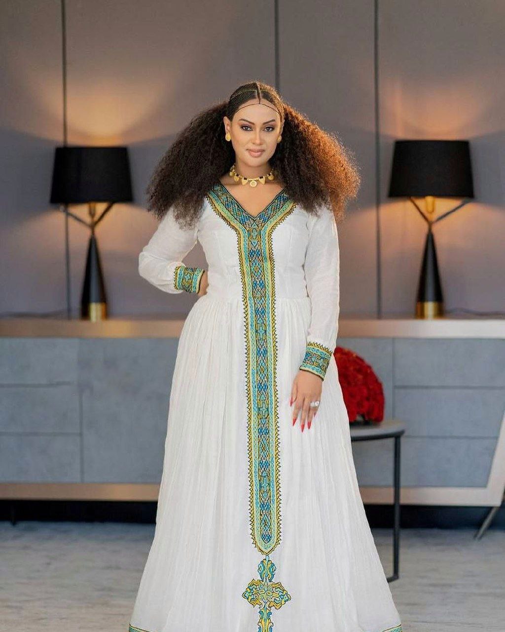 Vibrant Habesha Dress with Wide Handwoven Embellishment: for Cultural Festivals or Occasions Traditional Ethiopian Dress