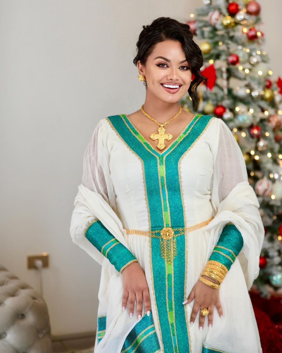 Exquisite Green Habesha Dress: with Light Green Handmade Detailing Traditional Ethiopian Dress