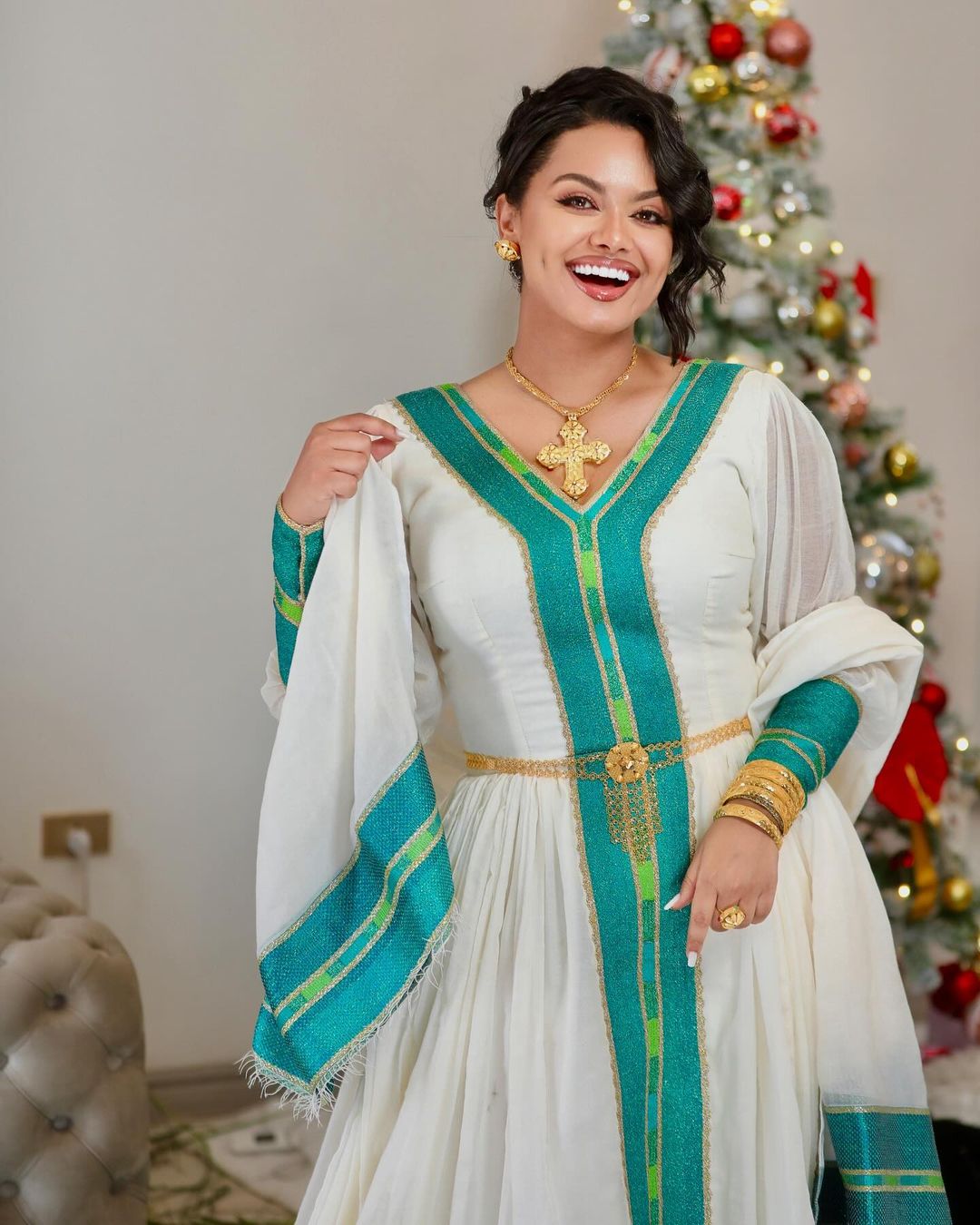Exquisite Green Habesha Dress: with Light Green Handmade Detailing Traditional Ethiopian Dress