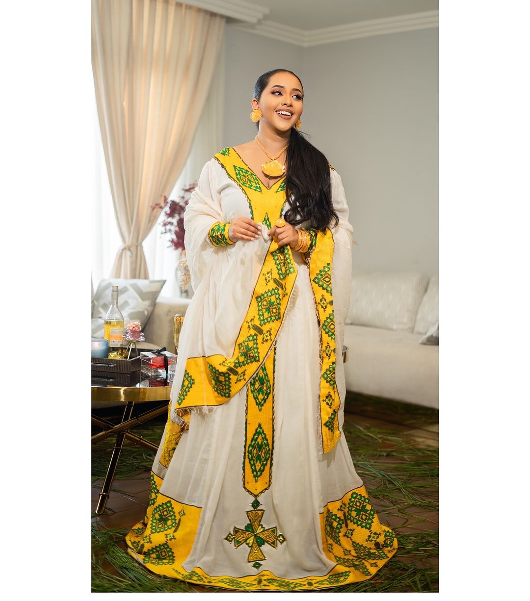 Striking Yellow and Green Handwoven Habesha Dress