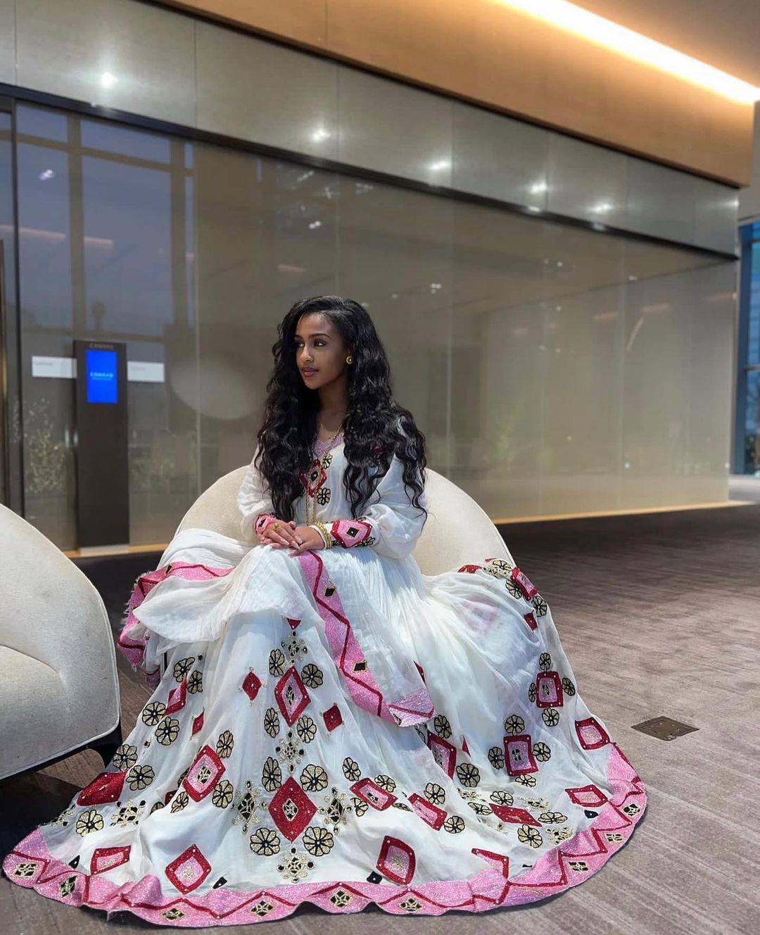 Classic Pink and Red Modern Habesha Dress: with Flowery and Diamond Embellishment Traditional Ethiopian Dress