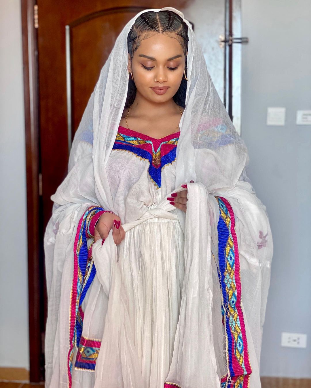 Dazzling Habesha Look with Multicolored Draping Design Ethiopian Traditional Dress