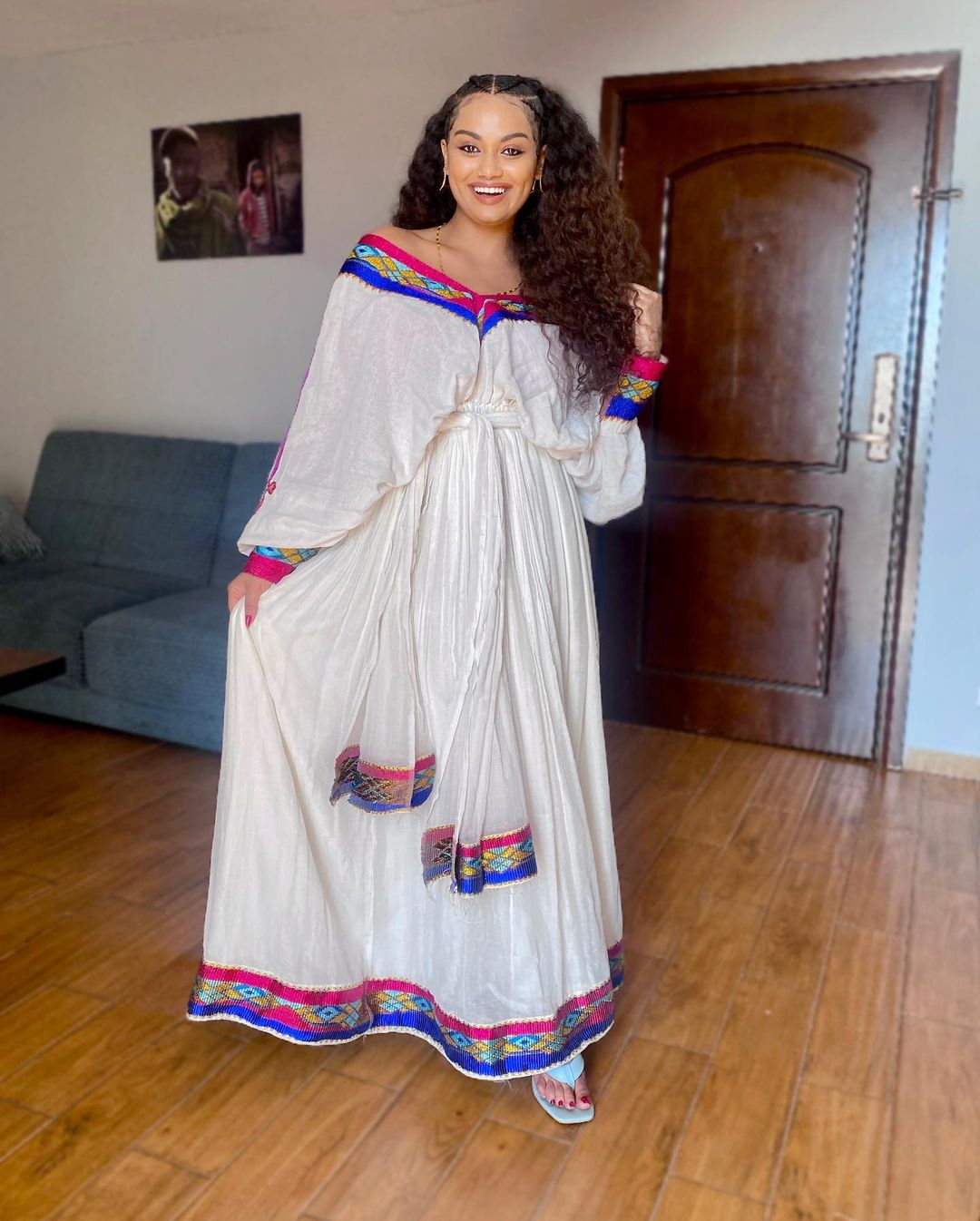 Dazzling Habesha Look with Multicolored Draping Design Ethiopian Traditional Dress