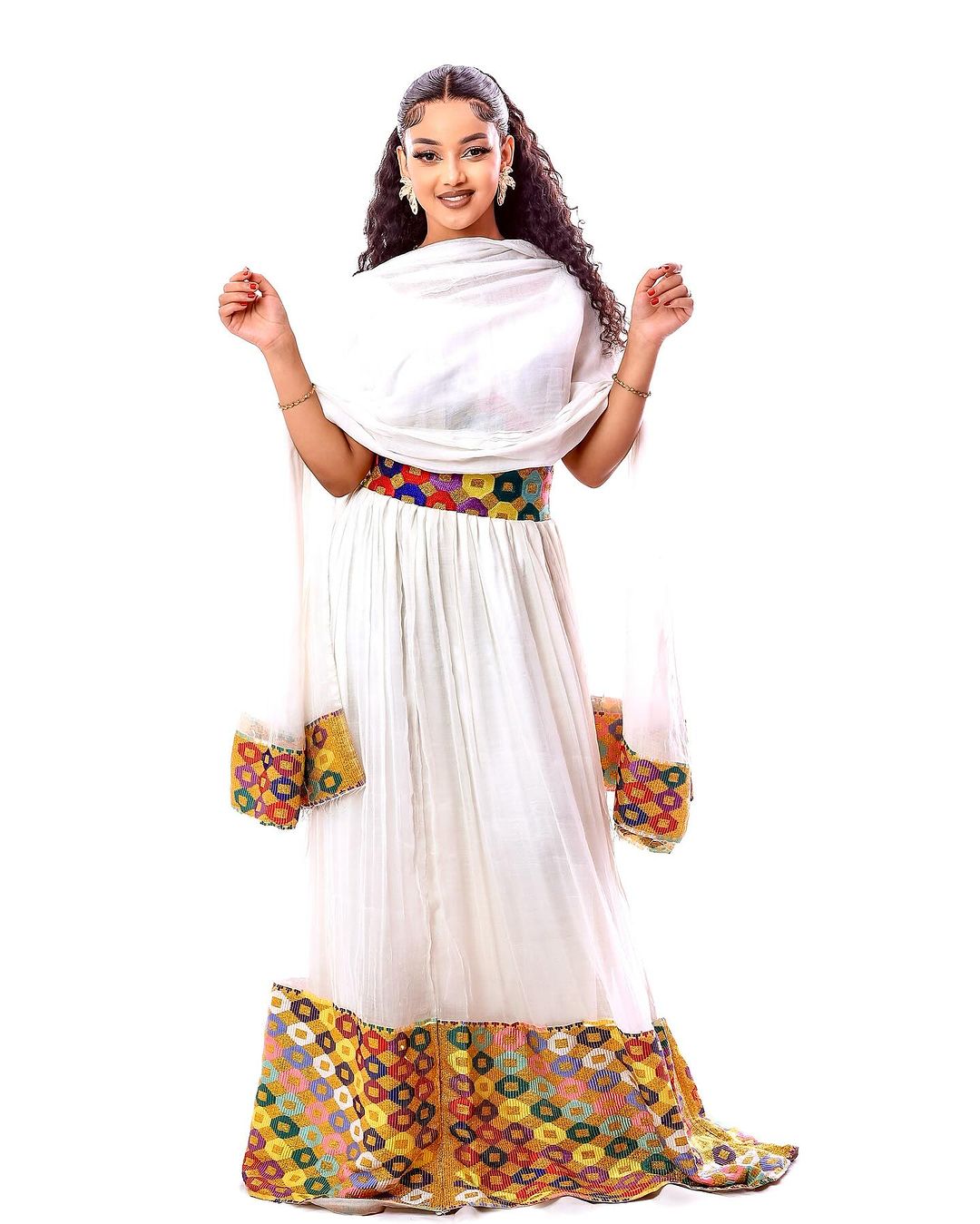 Fashionable Colorful Corset Habesha Dress: with Green, Yellow and Red Adornments Traditional Ethiopian Dress