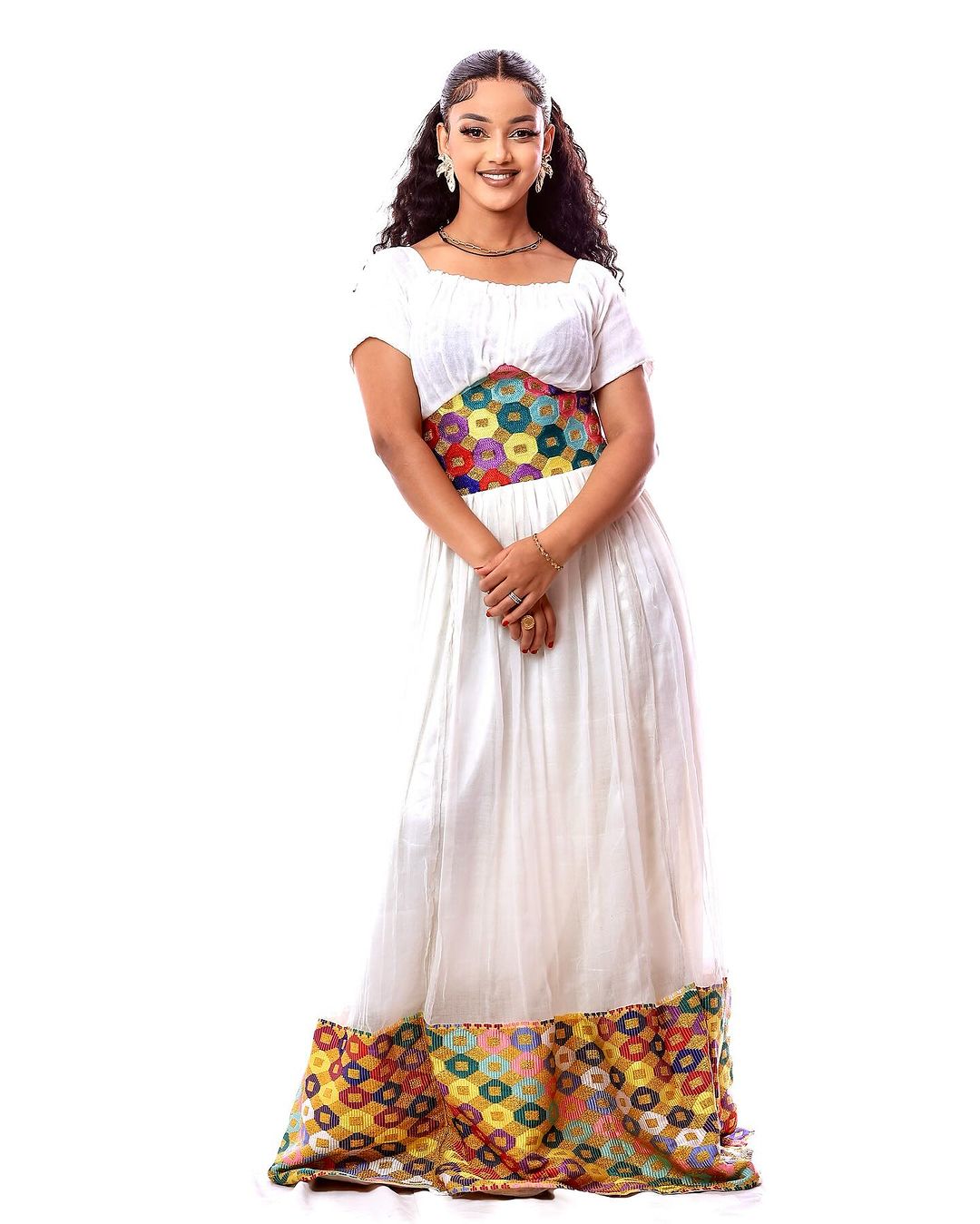 Fashionable Colorful Corset Habesha Dress: with Green, Yellow and Red Adornments Traditional Ethiopian Dress