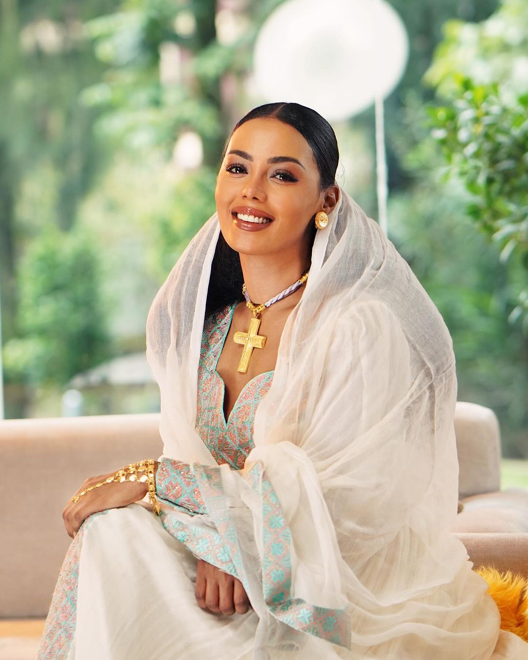 Enchanting Light Blue Habesha Dress: with Red Diamond Detailing Traditional Ethiopian Dress