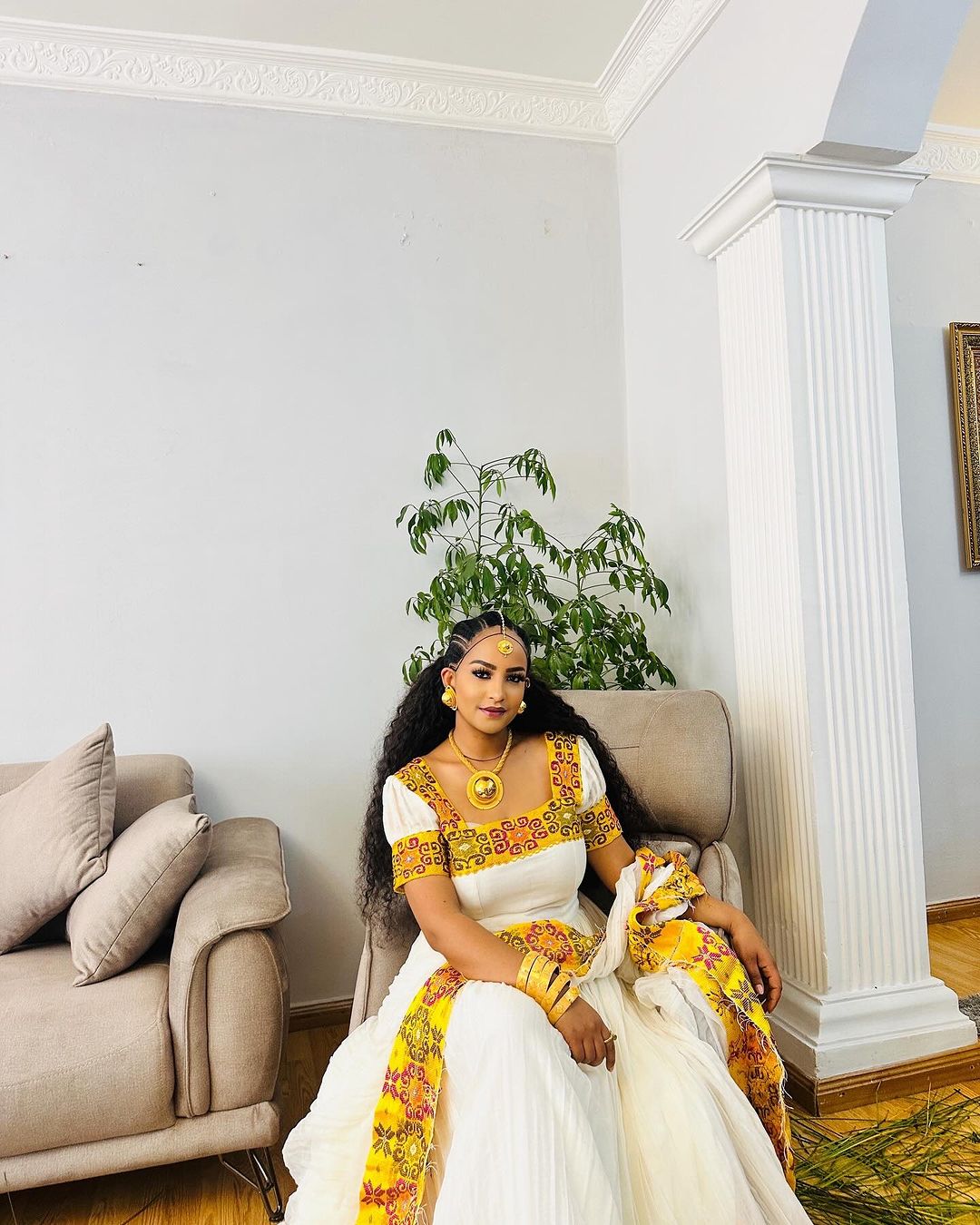Heavenly Look with Traditional Ethiopian Dress: Yellow Based Intricately Embroidered Habesha Dress
