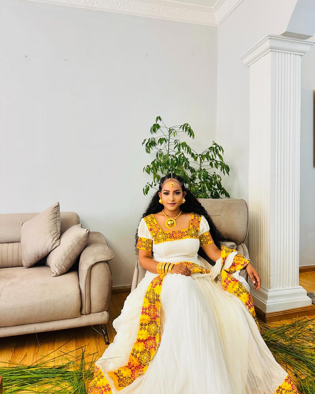 Heavenly Look with Traditional Ethiopian Dress: Yellow Based Intricately Embroidered Habesha Dress