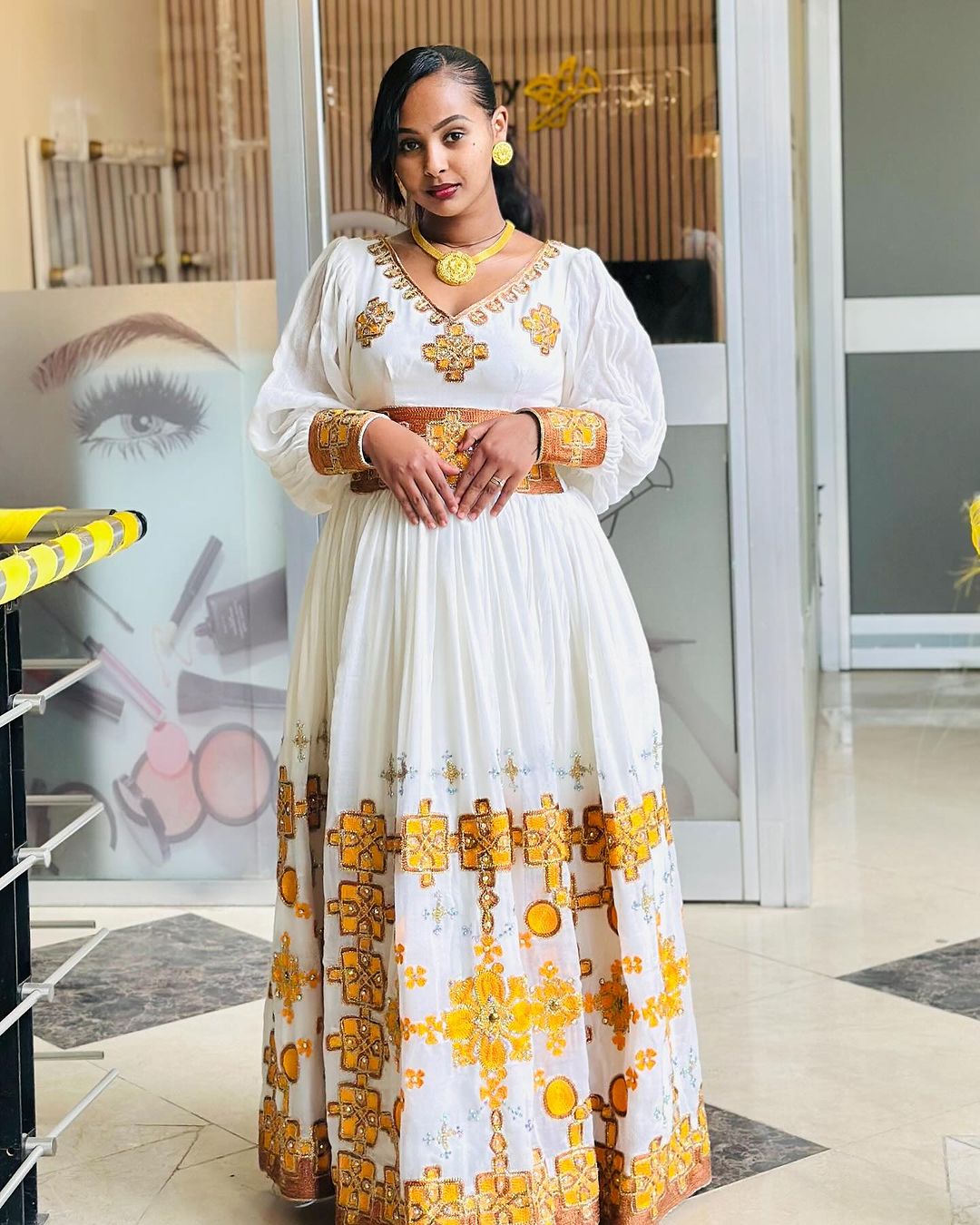 Beautiful Golden Habesha Dress with Intricate Embroidery: Luxurious Traditional Ethiopian Dress, Elegant Habesha Dress