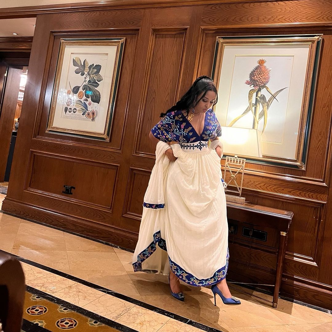 Breathtaking Blue Traditional Ethiopian Dress: with Colorful Handmade Detailing Habesha Dress Beautiful Habesha Kemis